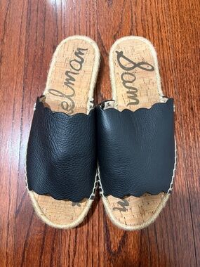 Black Slide Sandals for Women - Scalloped Leather Upper-worn once